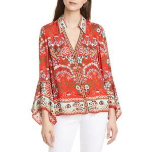 Alice + Olivia Randa Trumpet Sleeve Bright Poppy Floral Wildflower Button Down S